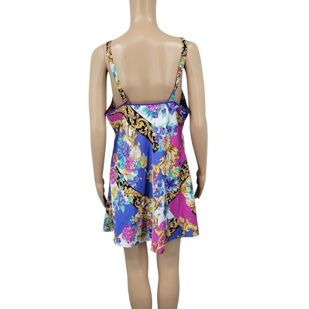 Vintage Satin Floral and Baroque Print Chemsie Slip Dress and Matching Robe Set